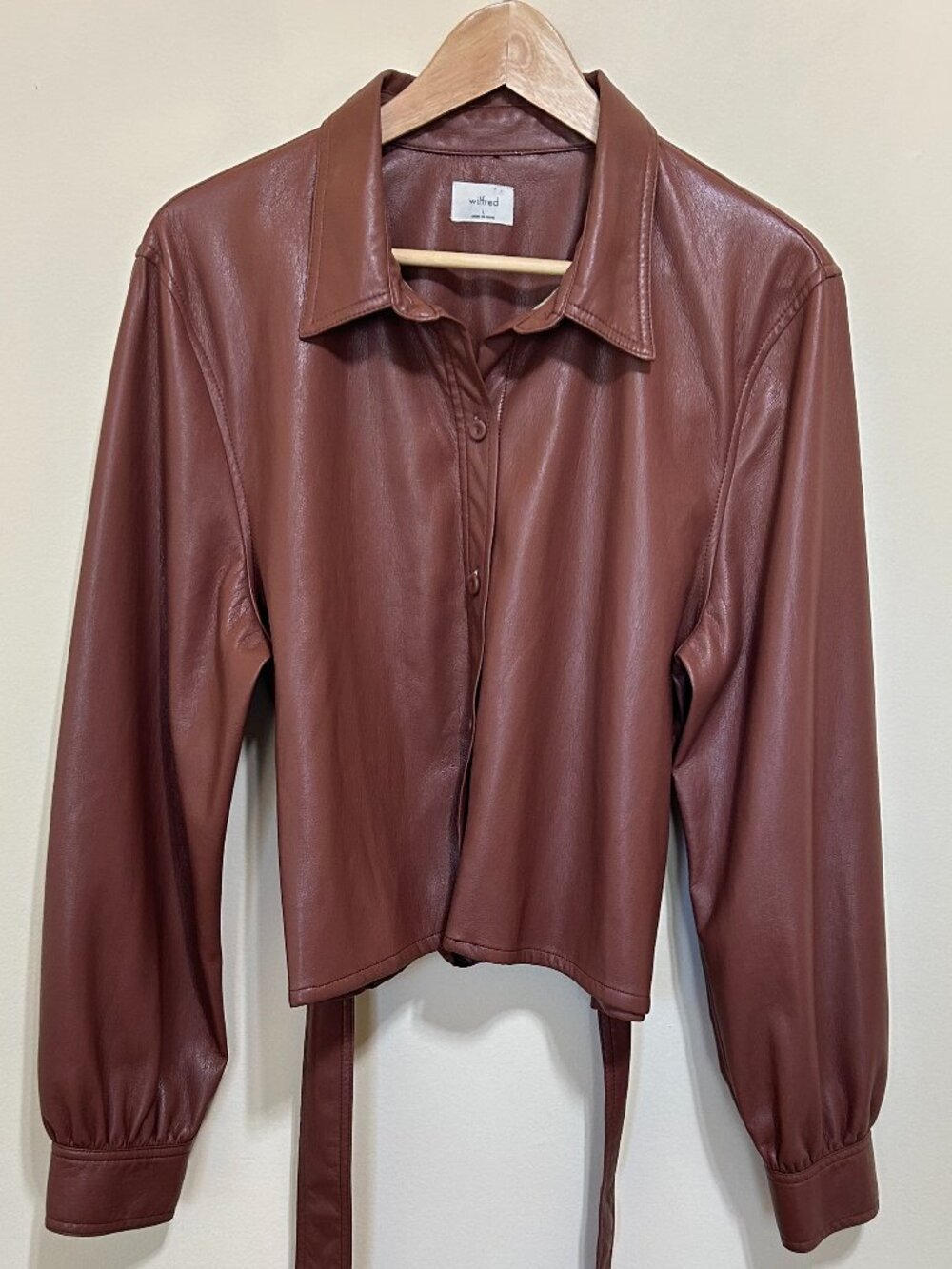 Aritzia Wilfred Vegan Leather Jacket Shirt With Sash Brown Size L